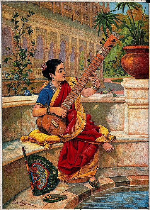 Woman Plays Sitar by Raja Ravi Varma